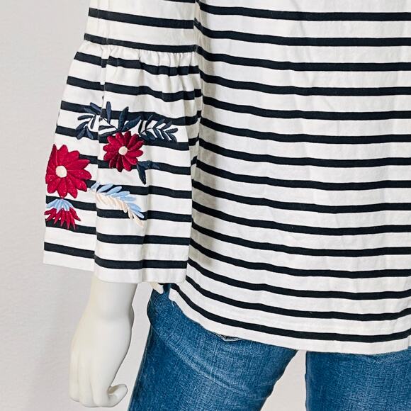 J. Crew Embroidered Knit Sweater Women's Medium White Striped Floral Bell Sleeve - Picture 15 of 15
